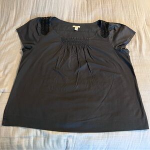 J. Crew Women’s Navy Cotton Cap Sleeve Blouse with Lace and Pleat Accents Sz L